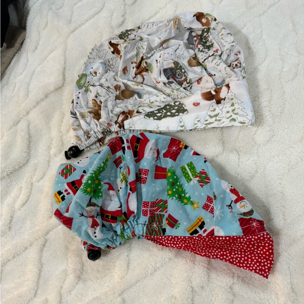 Two Christmas bouffant scrub caps